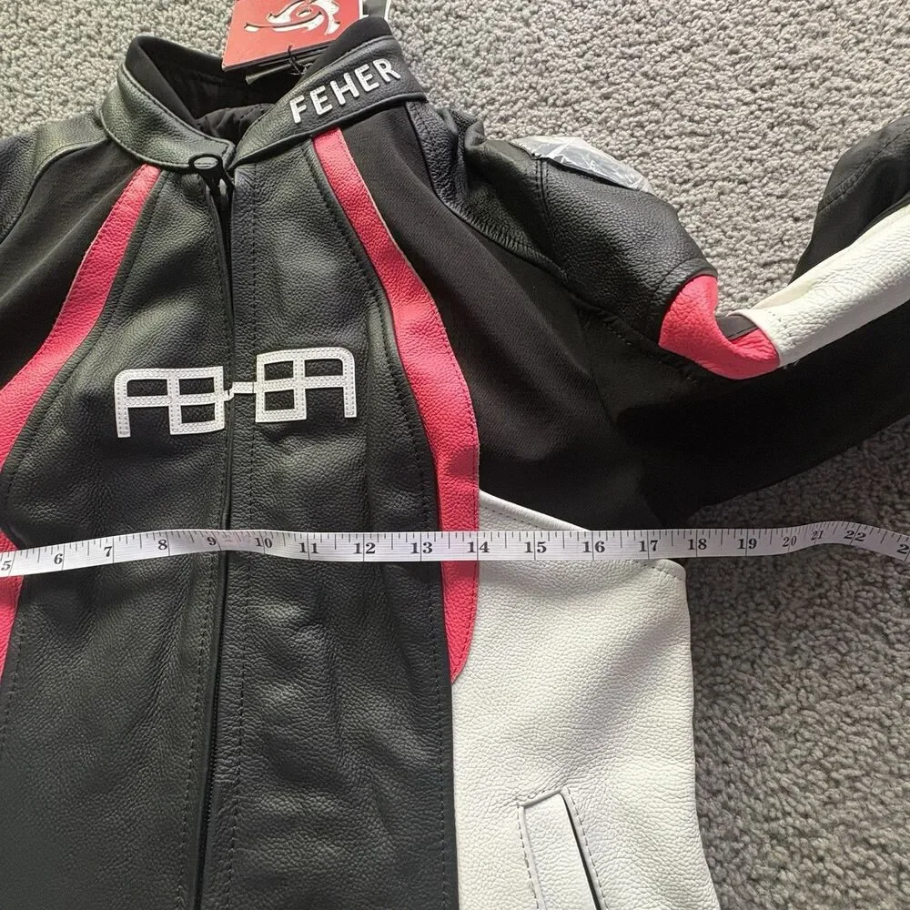FEHER Racing WXL Womens Leather Motorcycle Jacket Armored Black Red White NWT